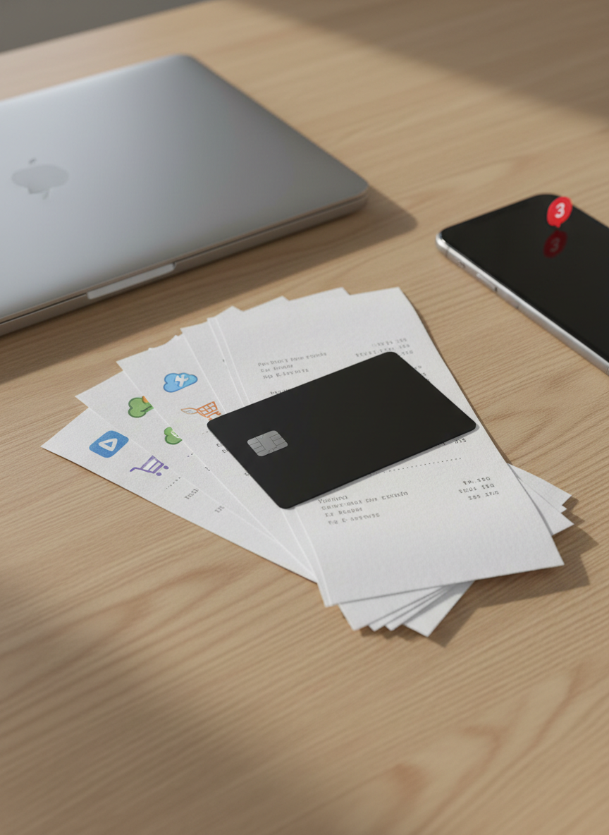 A sleek, matte-black credit card resting atop a stack of neatly arranged digital subscription receipts printed on crisp white paper, each showing small, colorful icons hinting at streaming, software, and delivery services without readable text. The stack sits on a minimalist oak desk beside a closed silver laptop and a modern smartphone displaying a glowing notification badge. Soft, diffused daylight from an unseen window washes across the scene, creating subtle reflections on metallic surfaces and gentle shadows under the papers. Photographic realism, eye-level composition with a shallow depth of field keeps the card in sharp focus while the background softly blurs, evoking a sophisticated, analytical mood about the growing weight of recurring monthly fees.