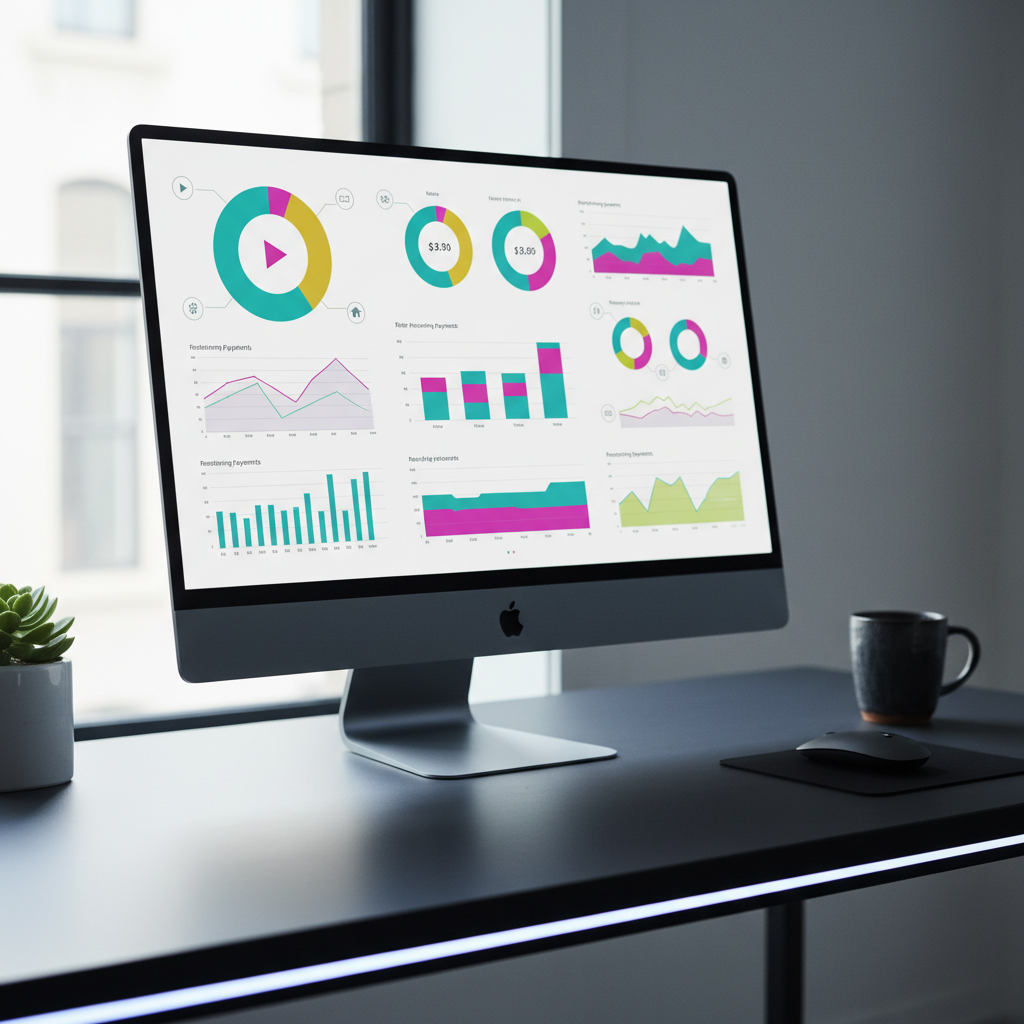 A widescreen computer monitor on a tidy, charcoal-colored desk displaying a complex, text-free dashboard of colorful graphs, pie charts, and stacked bars representing different recurring payments. Subtle icons hint at categories like entertainment, productivity, and household services. A slim wireless mouse and a dark ceramic mug sit nearby, and a small potted plant adds a touch of green at the frame’s edge. Cool-toned LED desk lighting combines with faint ambient daylight from a side window, giving the scene a modern, analytical glow. Photographic realism, shot from a three-quarter angle with medium depth of field, conveying a sophisticated, editorial mood about tracking and understanding subscription spending.