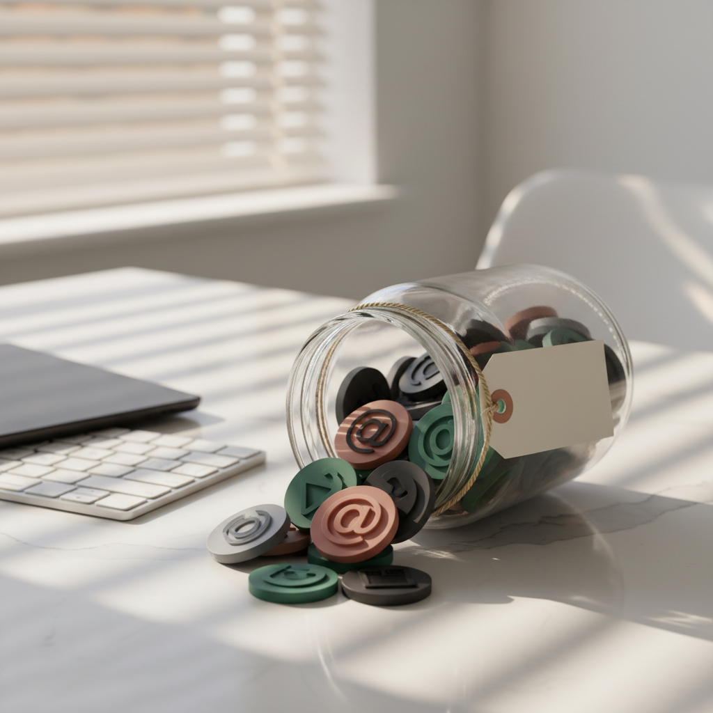 An elegant glass jar, labeled only by a simple blank tag, overflowing with assorted matte plastic tokens, each embossed with minimalist shapes suggesting entertainment, software, fitness, and news services. The jar stands on a white quartz countertop in a clean, modern home office, beside a slim wireless keyboard and a dark, closed tablet. Late afternoon sunlight streams through blinds, casting striped shadows across the surface and creating sparkling highlights on the glass edges. Photographic realism, close-up composition using rule of thirds and shallow depth of field so the tokens near the rim are crisp and the background gently fades, evoking a sophisticated yet slightly overwhelming feeling of subscription costs accumulating over time.