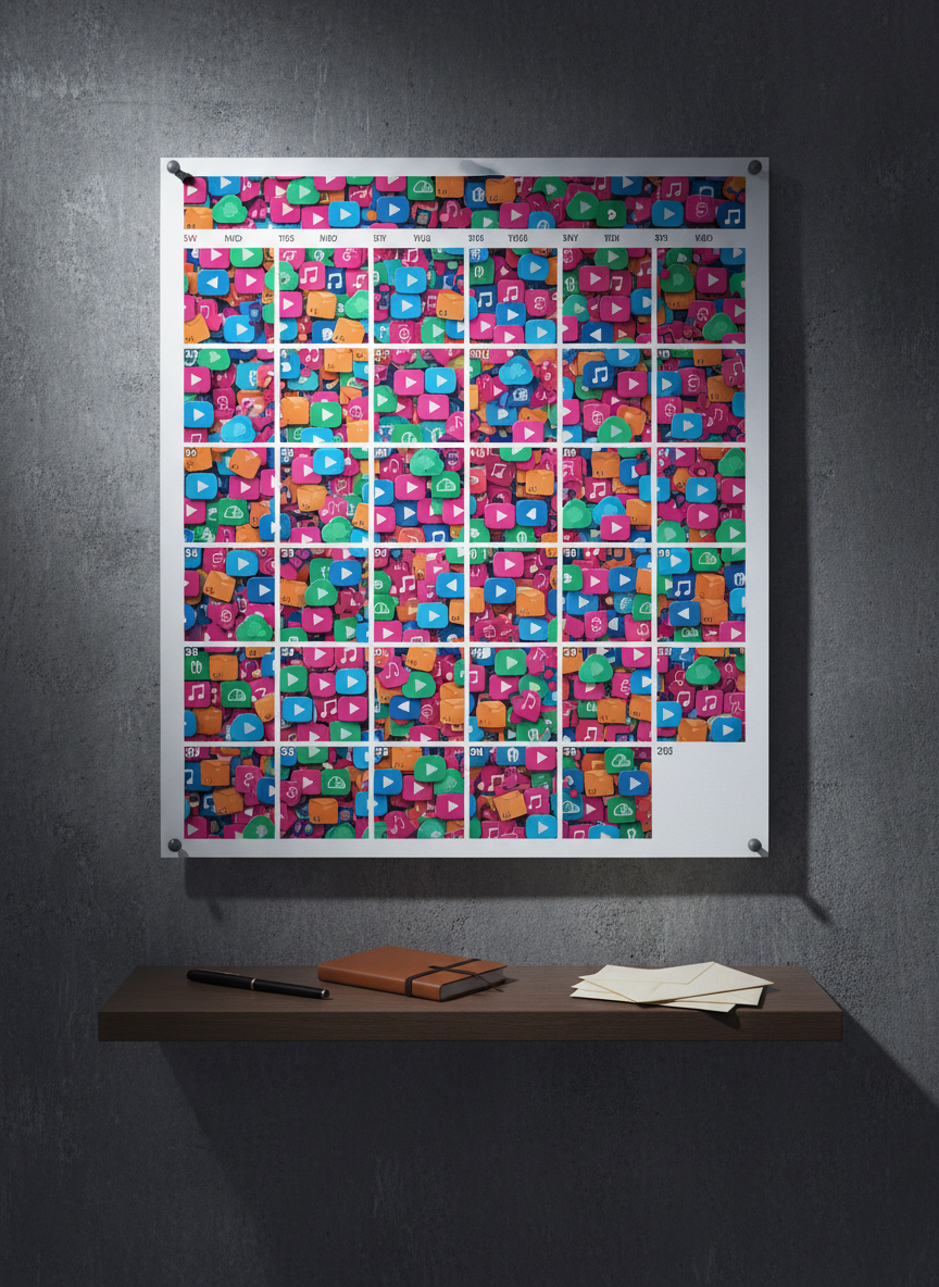A large, high-resolution wall calendar pinned to a dark, textured concrete wall, every date tile covered by small, colorful, non-text subscription icons resembling music notes, video frames, cloud symbols, and delivery boxes. At the base, a slim black pen and a leather-bound notebook rest on a narrow floating shelf, alongside a neatly stacked pile of lightly worn envelopes. A cool, directional studio light from the upper left creates crisp shadows and emphasizes the clustering of icons across the weeks. Photographic realism, shot from a slightly elevated angle with sharp focus throughout, conveying a modern, data-driven atmosphere that visually represents how recurring subscriptions fill every month.